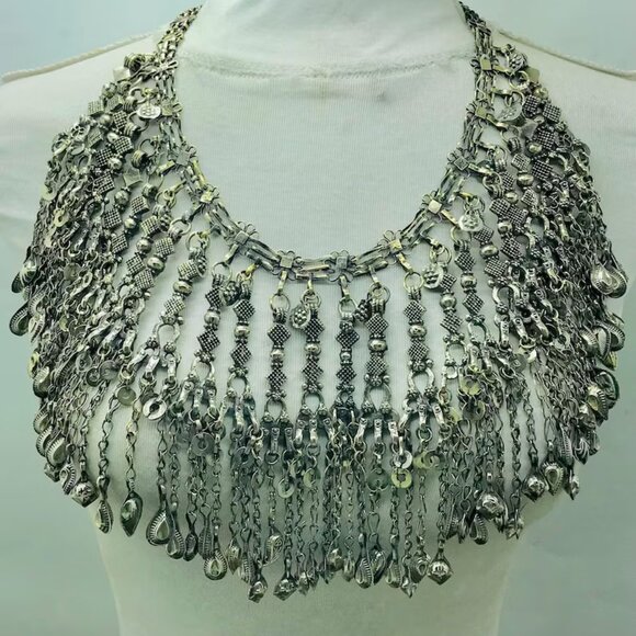 Afghan Vintage Necklace, Silver Kuchi Oversized Dangling Tassels Bib Necklace,